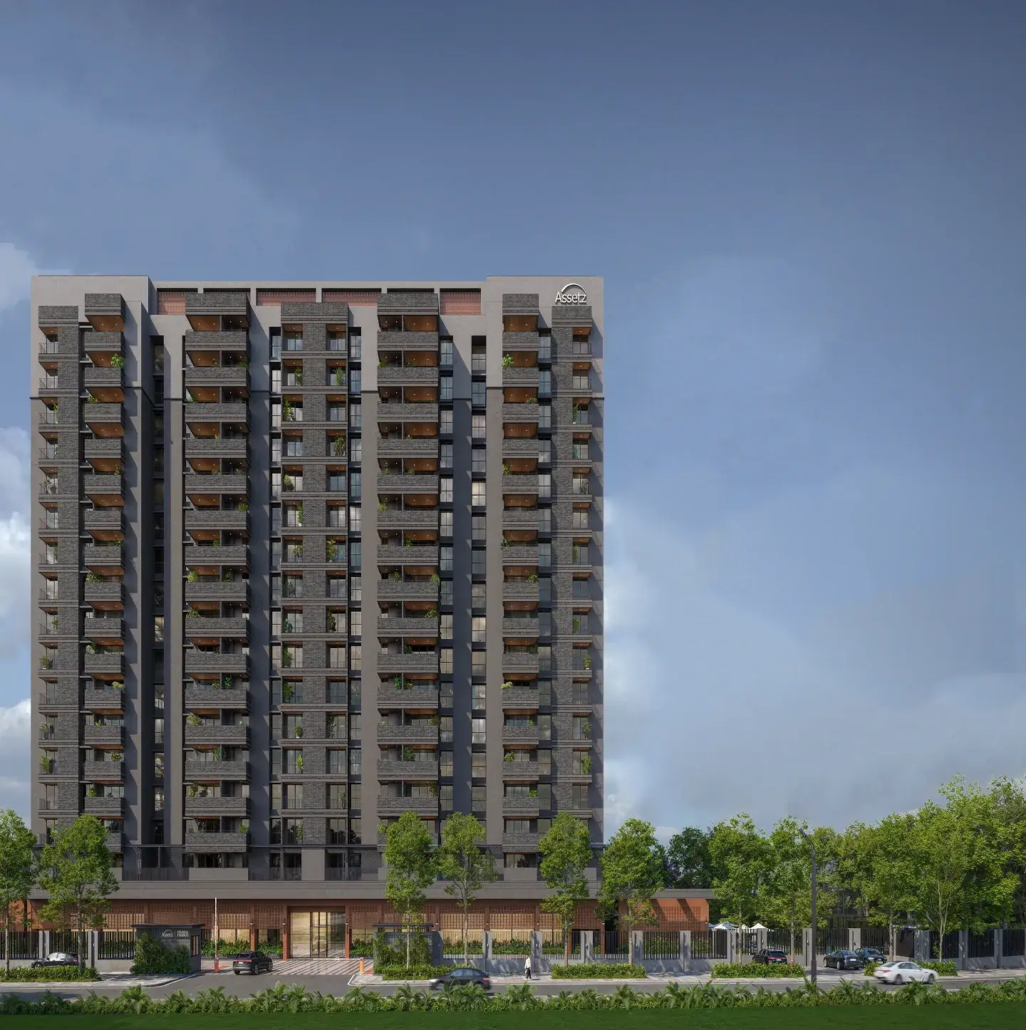 Single residential tower above a tree-lined street — Assetz Muse & Maison (1 of 6)