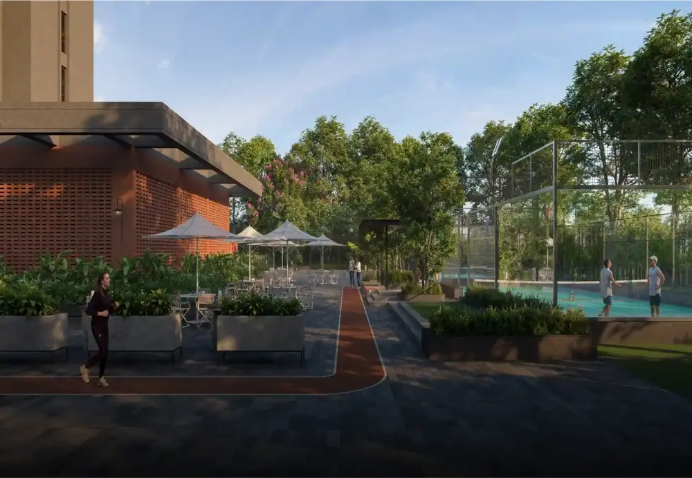 Single residential tower above a tree-lined street — Assetz Muse & Maison (2 of 6)
