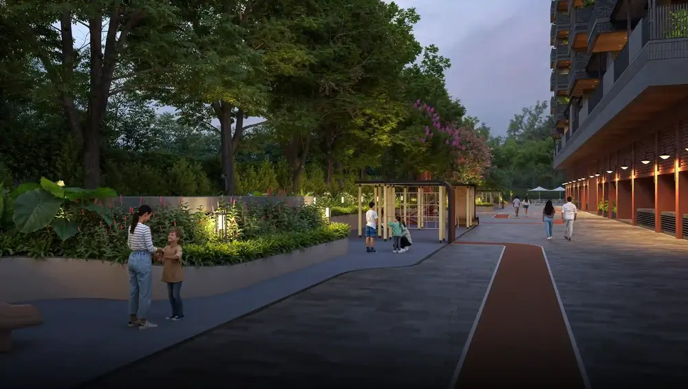 Single residential tower above a tree-lined street — Assetz Muse & Maison (3 of 6)