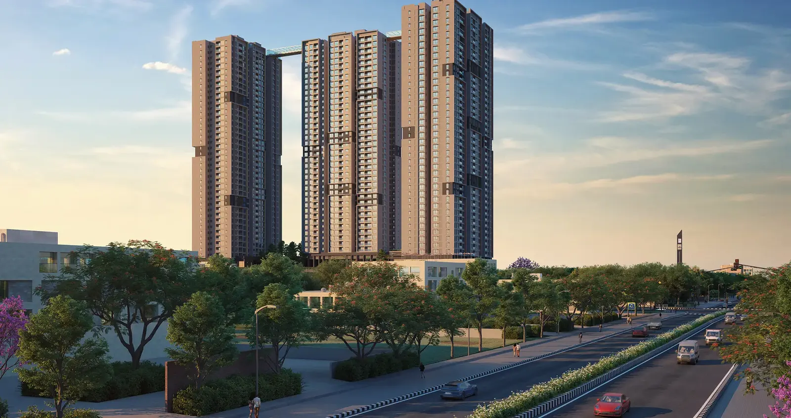 Three tall towers joined by a skybridge — Brigade Altius (1 of 6)