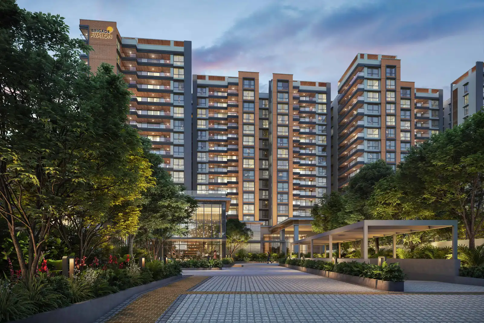 Residential towers above a landscaped drive — Brigade Avalon (1 of 6)