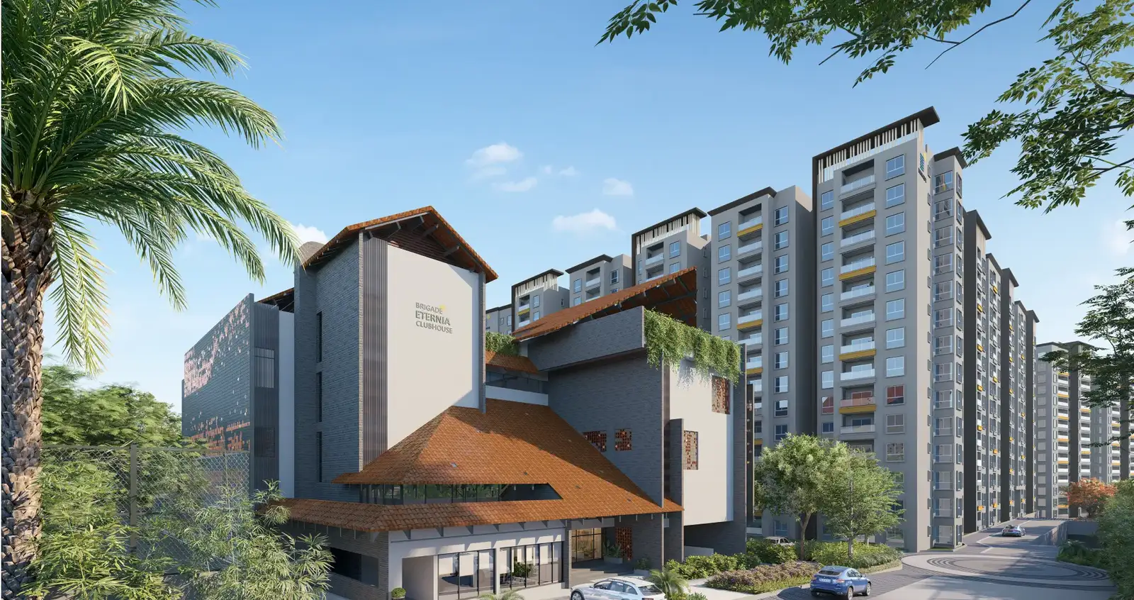 Clubhouse building in front of residential towers
