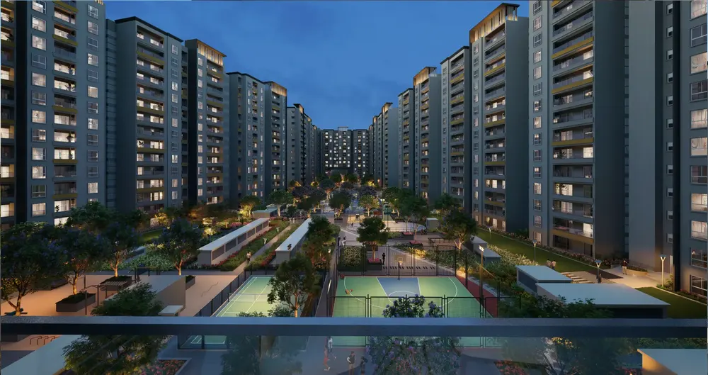 Clubhouse building in front of residential towers — Brigade Eternia (3 of 6)