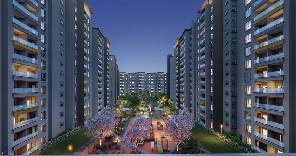 Clubhouse building in front of residential towers — Brigade Eternia (5 of 6)