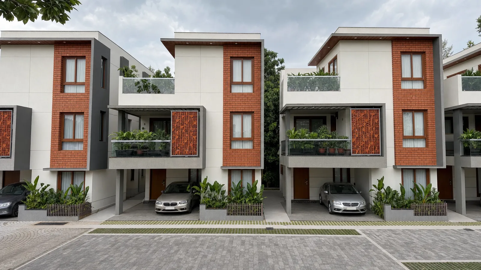 Courtyard villas along a landscaped street