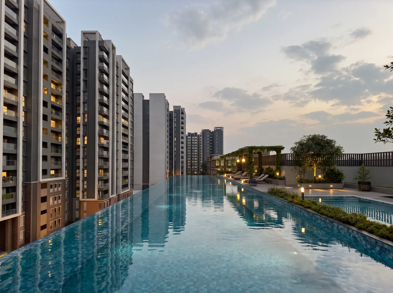 Garden-wrapped residential towers with pool