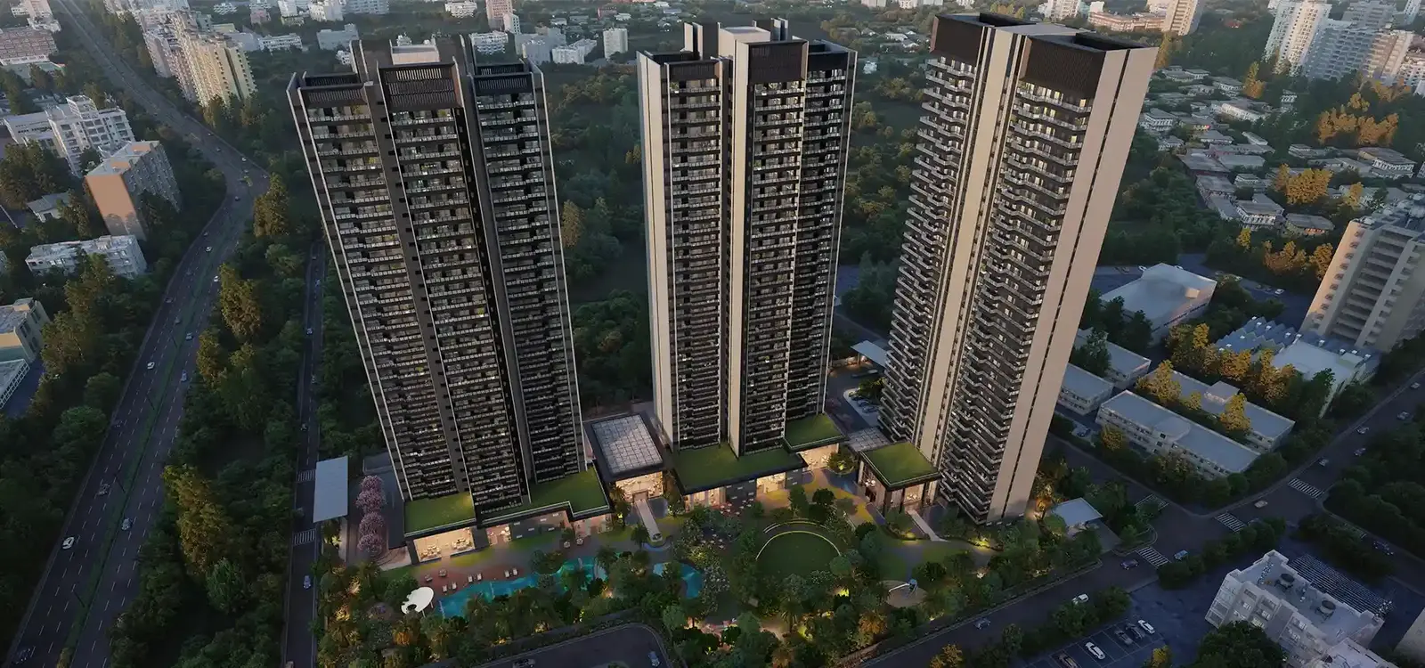 Aerial view of three towers above landscaped grounds — Godrej Miraya (1 of 6)