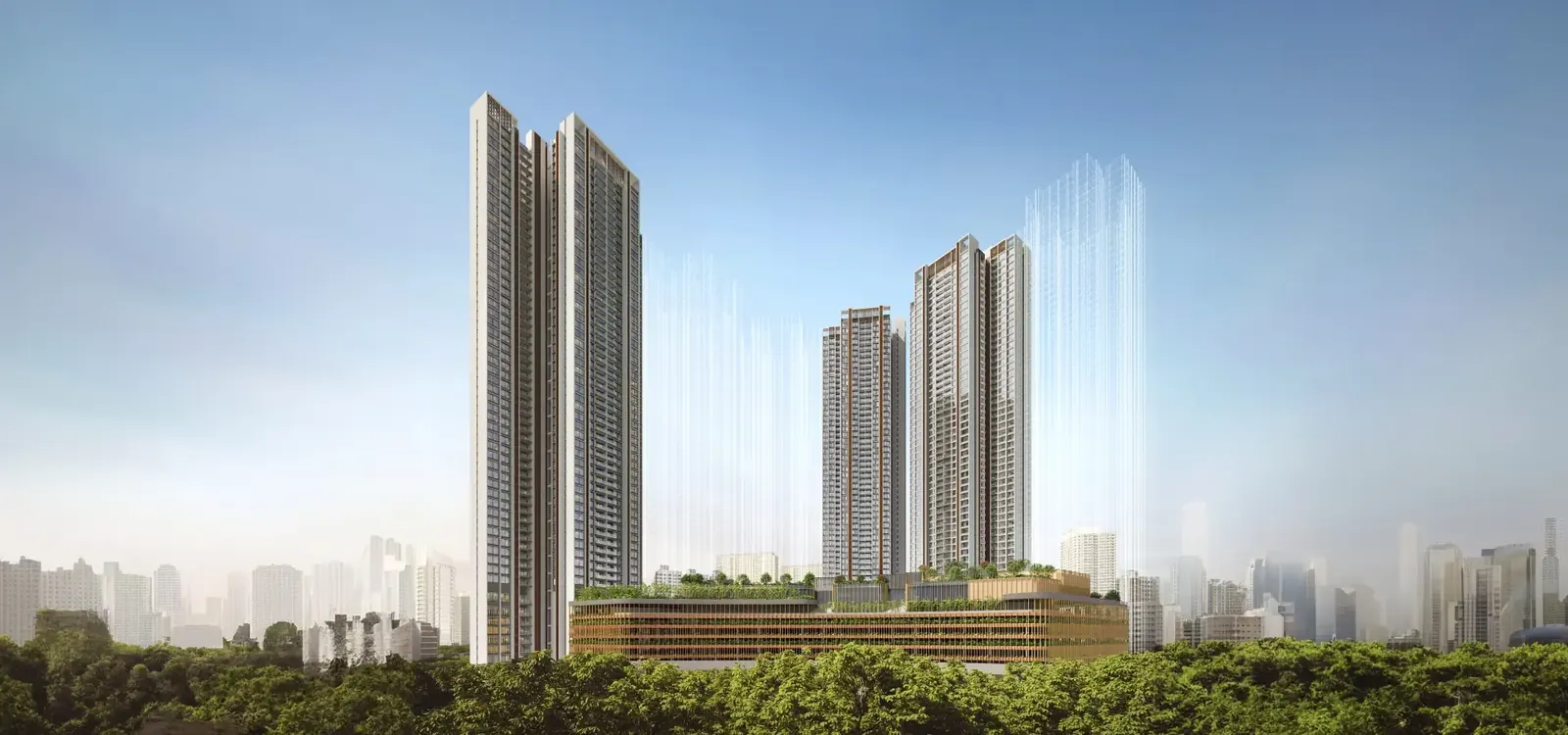 Resort-style towers rising over layered landscaped gardens — Godrej Reserve (1 of 7)
