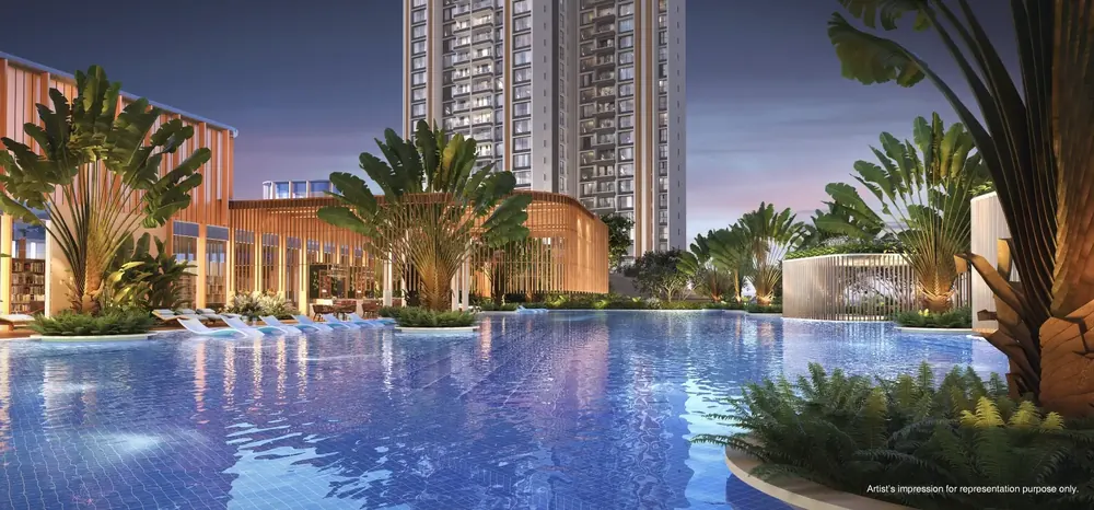 Resort-style towers rising over layered landscaped gardens — Godrej Reserve (2 of 7)