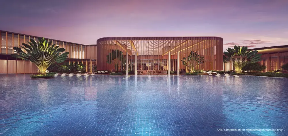 Resort-style towers rising over layered landscaped gardens — Godrej Reserve (3 of 7)
