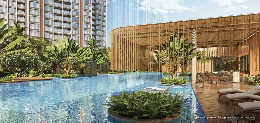 Resort-style towers rising over layered landscaped gardens — Godrej Reserve (4 of 7)