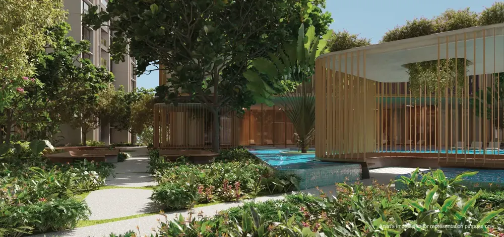 Resort-style towers rising over layered landscaped gardens — Godrej Reserve (5 of 7)