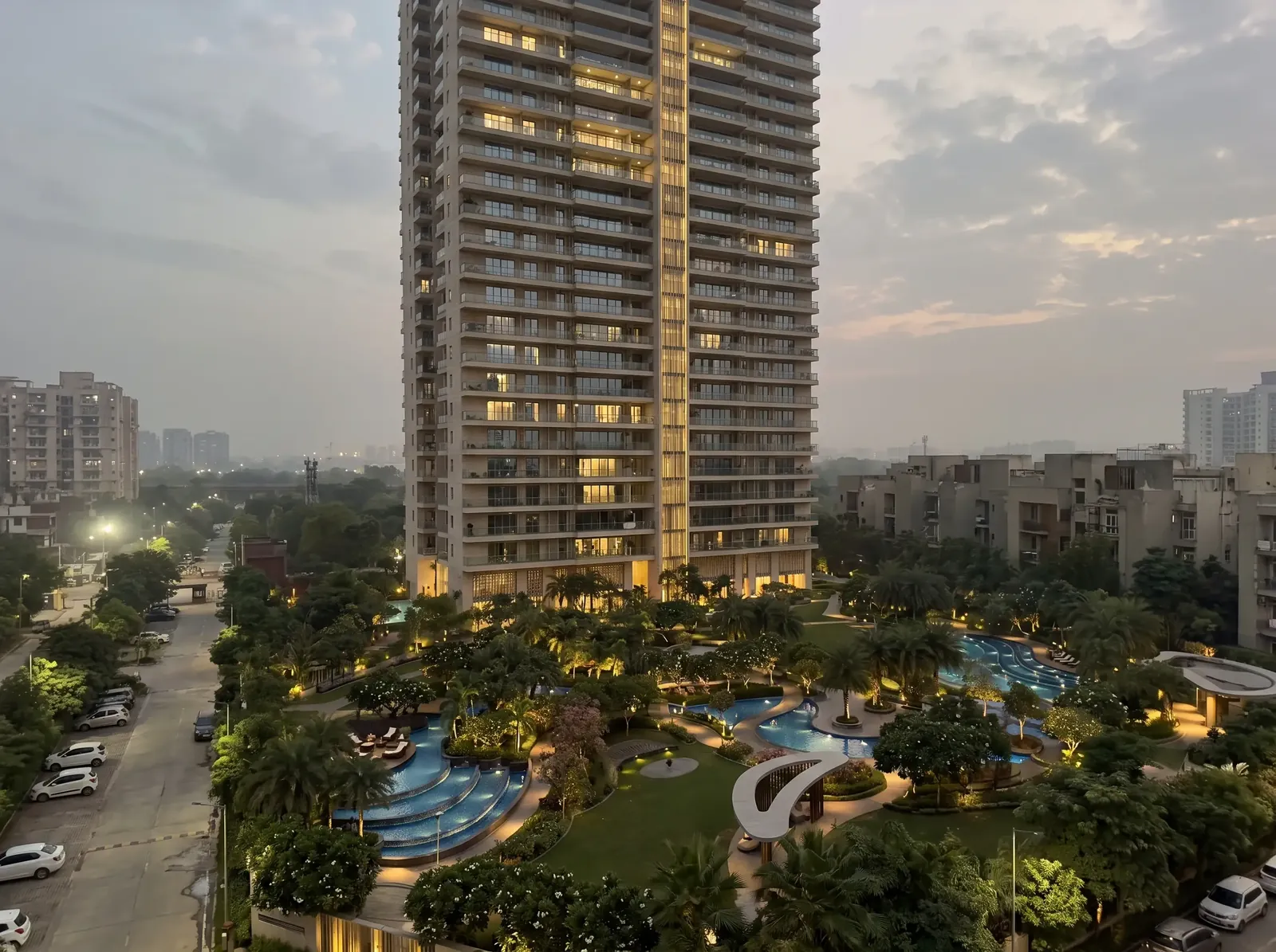 Dusk exterior with lagoon lawns