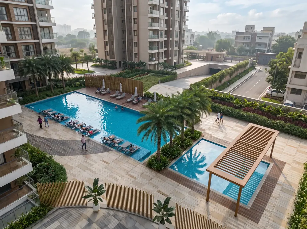 Dusk exterior with lagoon lawns — Godrej Riverine (3 of 5)