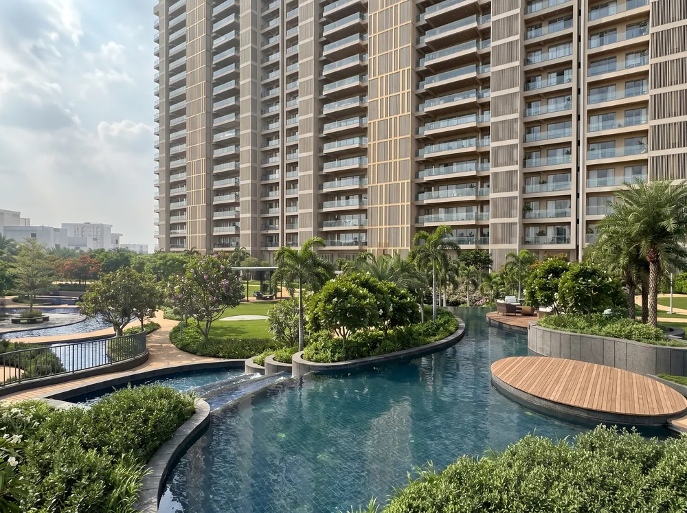 Dusk exterior with lagoon lawns — Godrej Riverine (4 of 5)