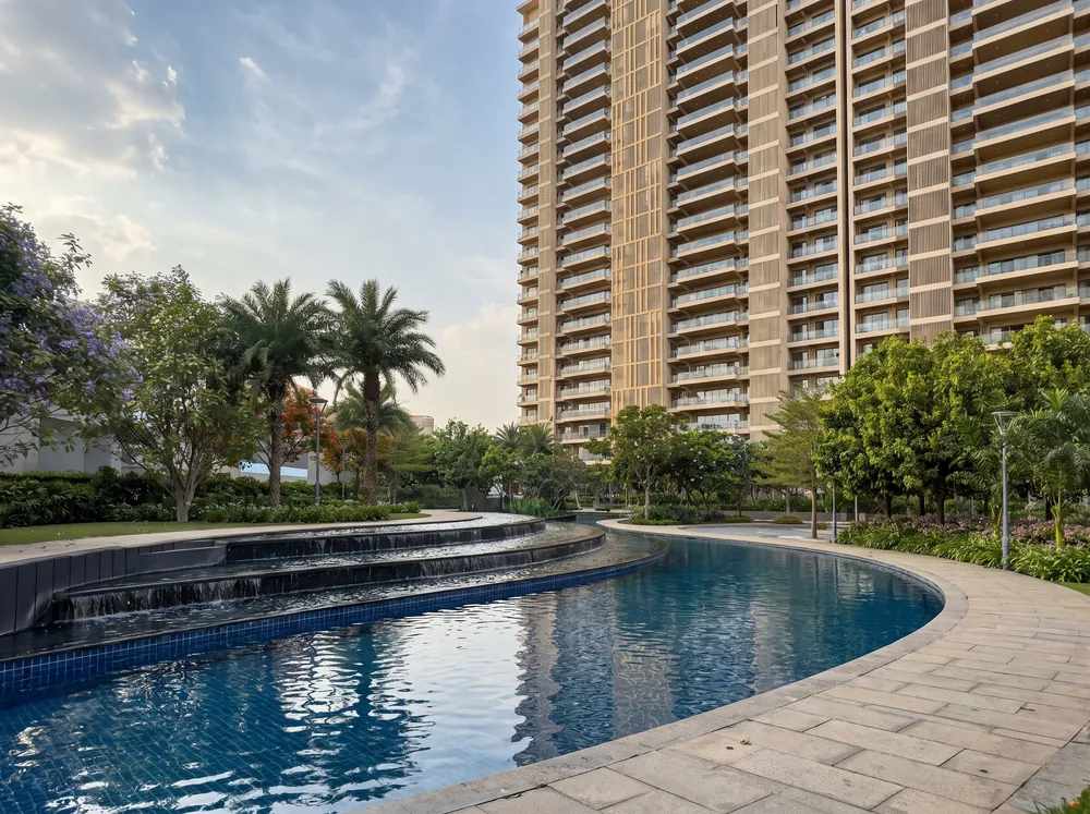 Dusk exterior with lagoon lawns — Godrej Riverine (5 of 5)