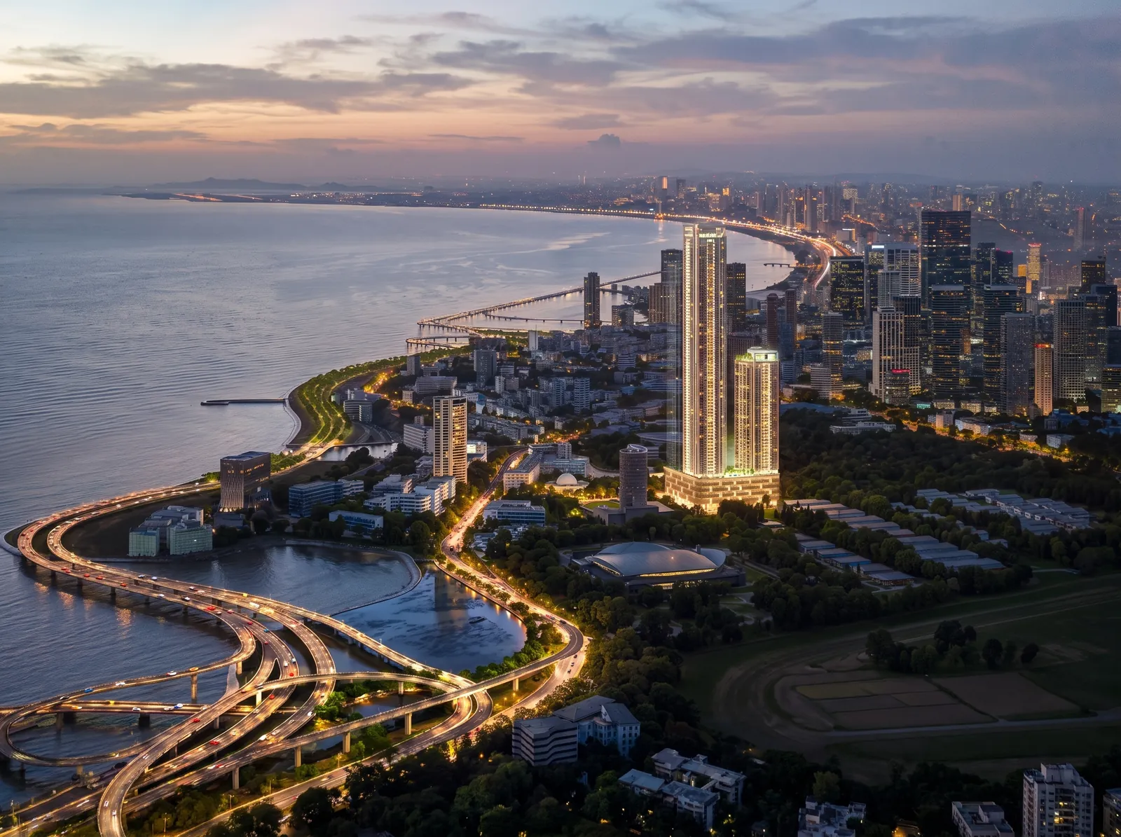 Aerial twilight view of sea-face towers