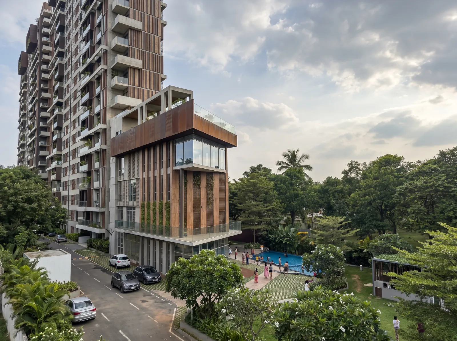 Garden towers above a podium landscape