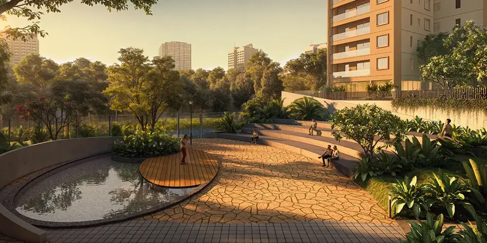 Towers and an angular clubhouse beside the entrance road — Mana Vista (2 of 6)
