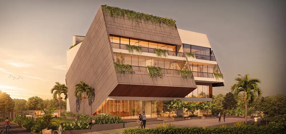 Towers and an angular clubhouse beside the entrance road — Mana Vista (5 of 6)