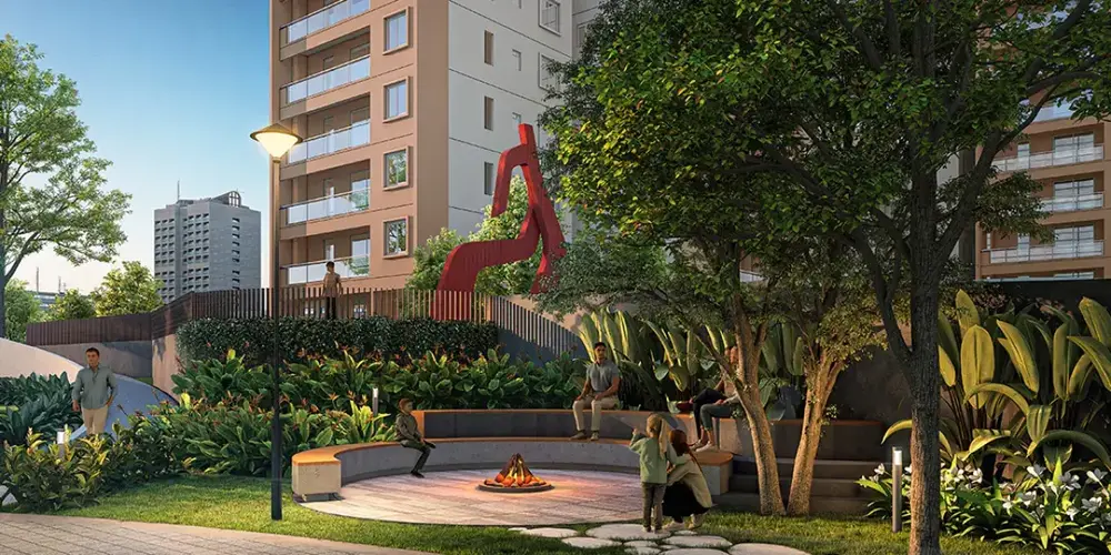 Towers and an angular clubhouse beside the entrance road — Mana Vista (6 of 6)