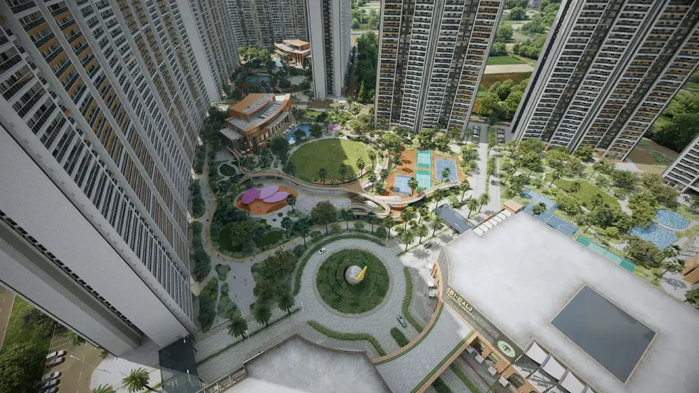 High-rise towers around an open green — The Prestige City Indirapuram (2 of 7)