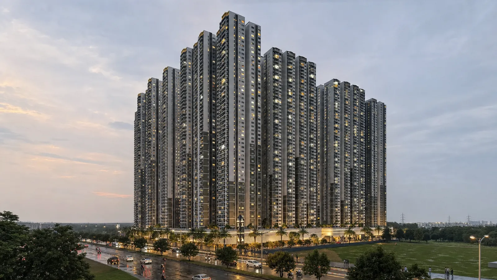 Township skyline over a forested park