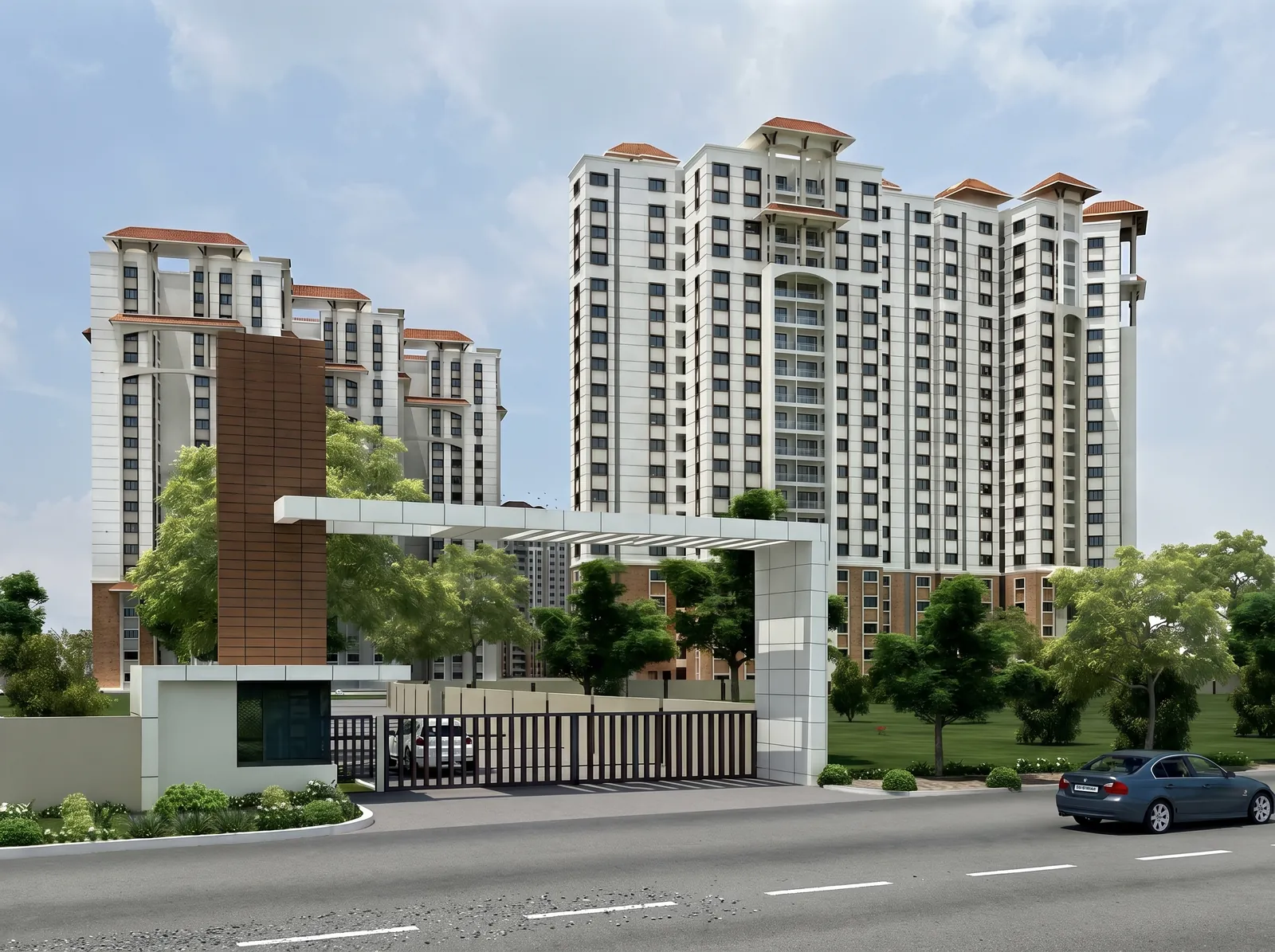 Township entrance with podium gardens
