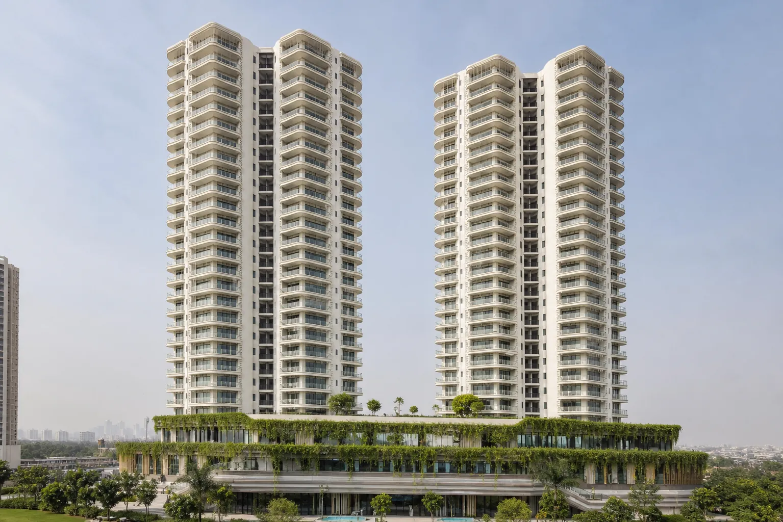 Wave-form towers at dusk