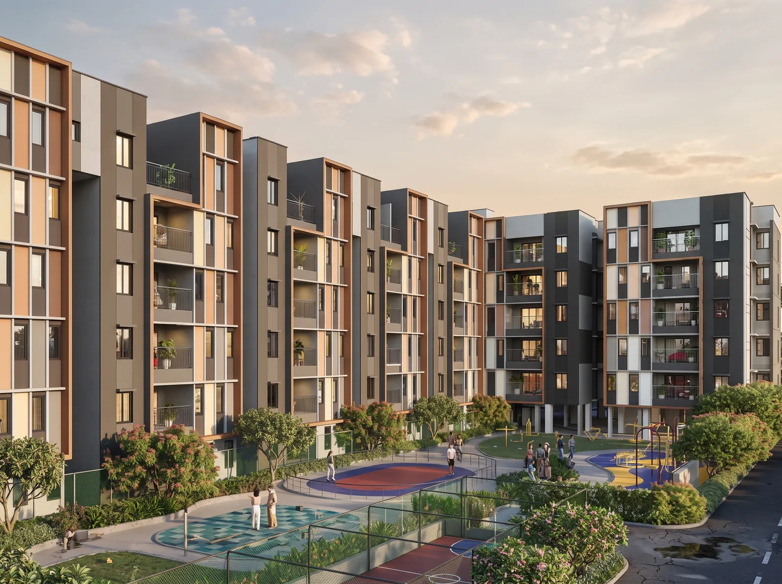 Low-rise blocks around a green grove