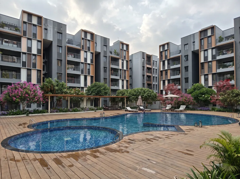 Low-rise blocks around a green grove — TVS Emerald Verde Vista (3 of 5)